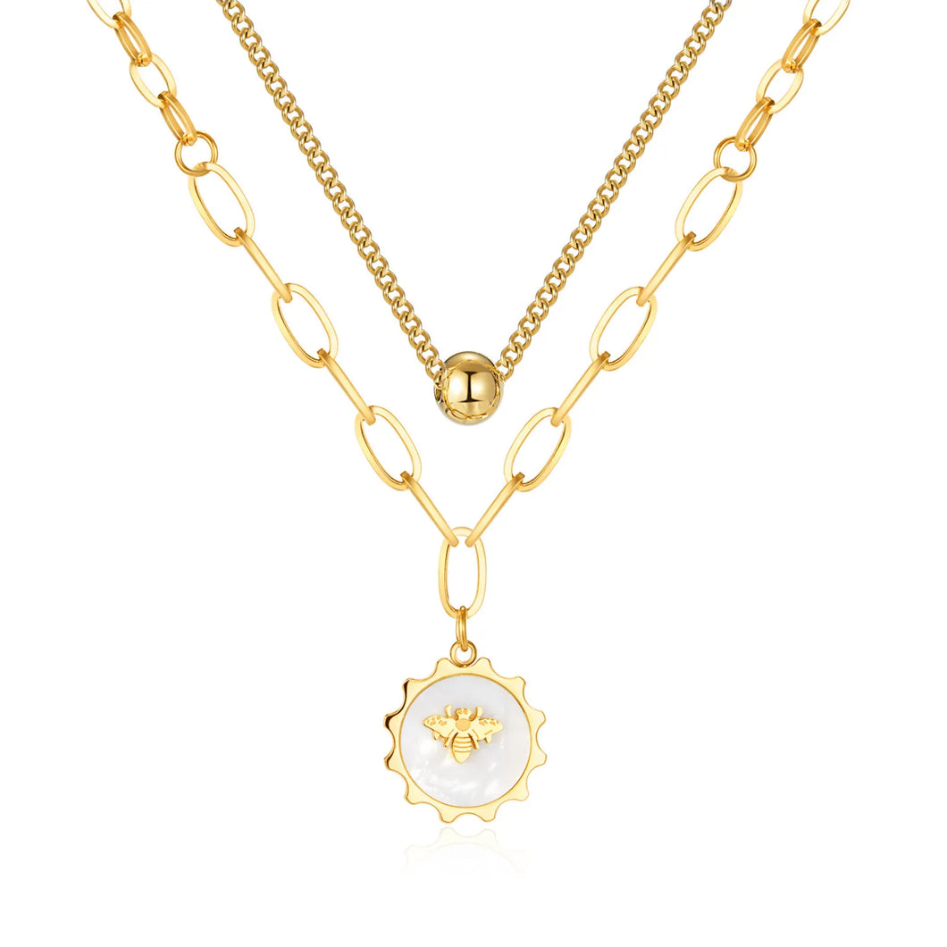 Collier Nacre Motif Abeille Acier Inoxydable